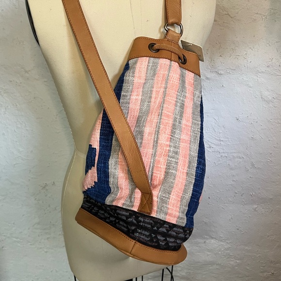 Free People Pink and Blue Woven Bucket Backpack with Tan Trim main image 4